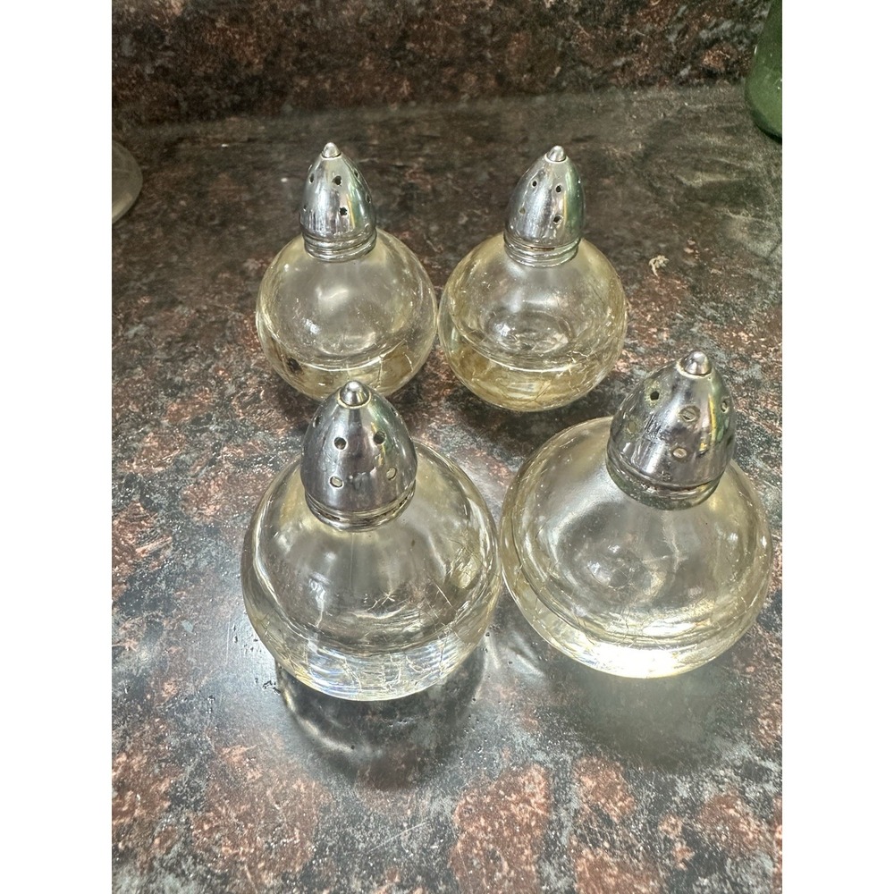 Vtg Mid Century Hand-blown Crackle Glass Salt & Pepper Shakers Set Of 4